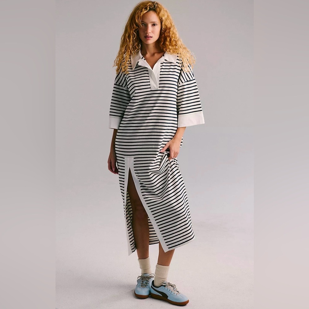 Free People Striped Midi Dress in Black and White
